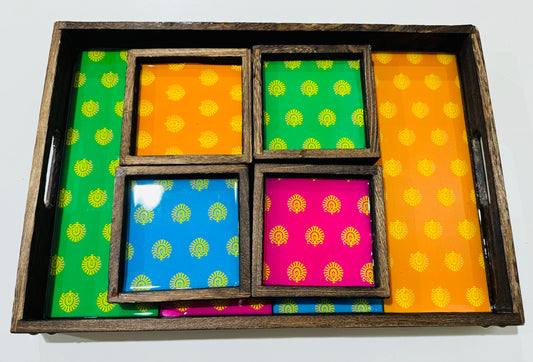 Colorful coasters and tray set