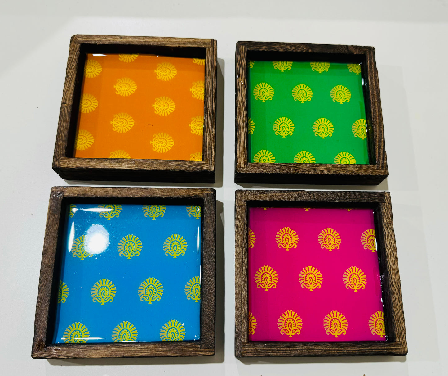 Colorful coasters and tray set