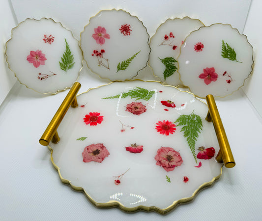 Blossom fresh flower tray with coasters