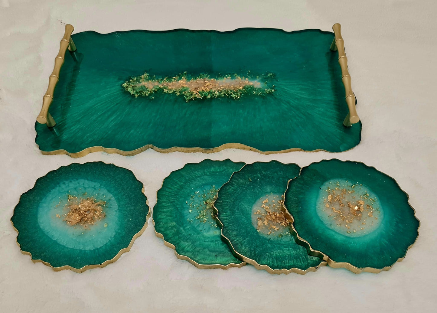 Emerald green tray and coaster set